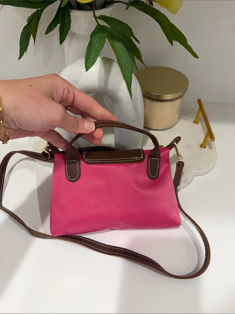 Pink Nylon Mini Bag with Brown Trim